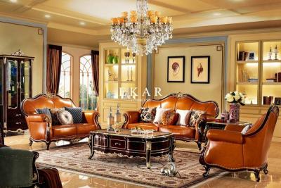 China Wooden Frame Leather Recliner Royal Sofa Set With Simple Carving à venda