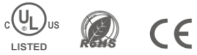 Product certifications including RoHS, UL, and CE
