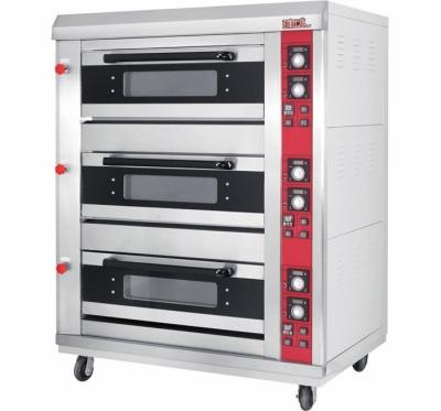 China 3 Layer 6 Tray Gas Baking Ovens with Window Door Mechanical Controller Timer for sale