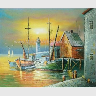 China Sailling Boats Oil Painting Harbor , Modern Sunset Landscape Painting for sale