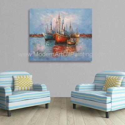 China Sun Rise Fishing Boats Oil Painting Single Panel Abstract Wall Art for sale