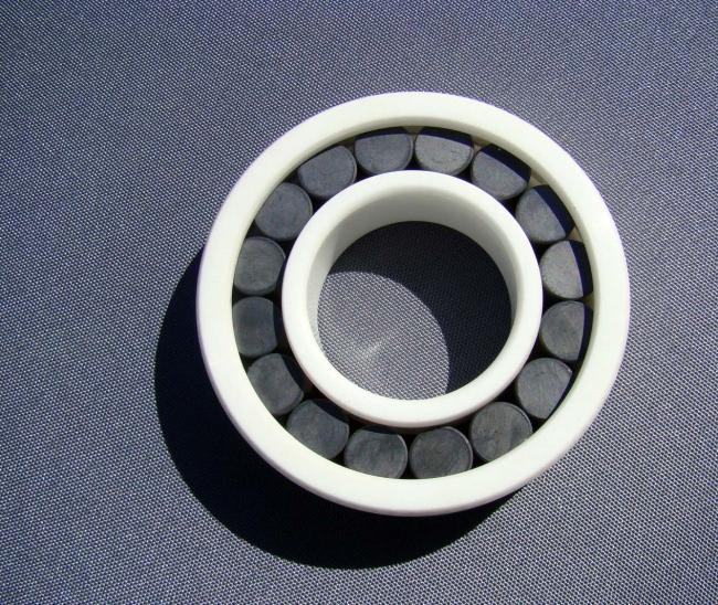 High-resolution image of ceramic cylindrical roller bearing components and assembly