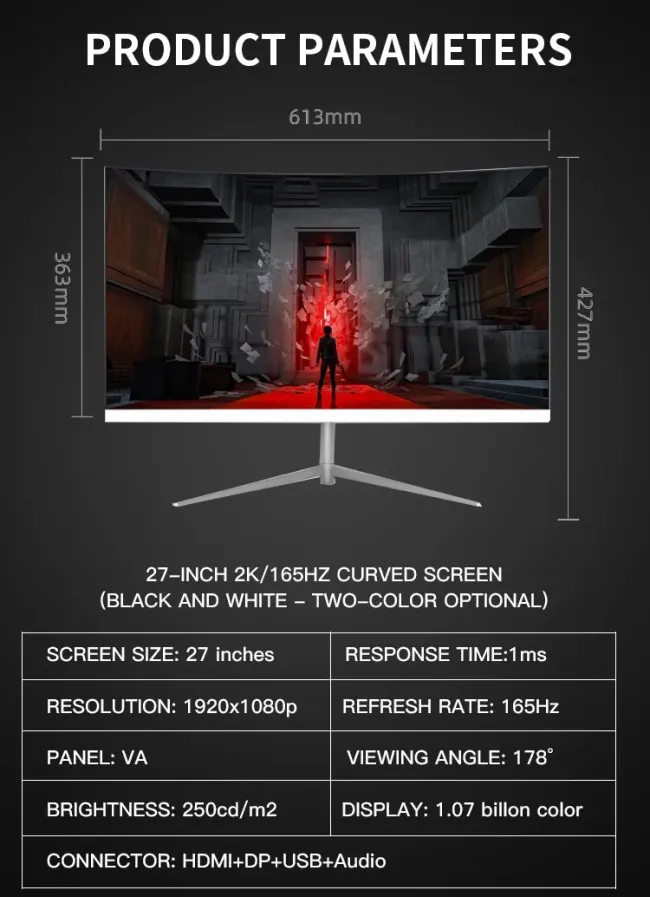 Hot Selling 27 Inch 2K/1K 1080P Gaming Monitor Wide Screen Curved Design with 165Hz Refresh Rate for Gamers