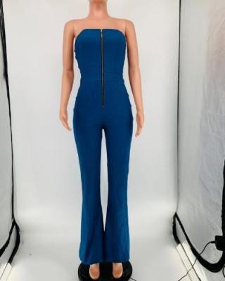 China Small Quantity Garment Manufacturer Women'S One Piece Backless Color Block Denim Jumpsuit With Front Zipper for sale