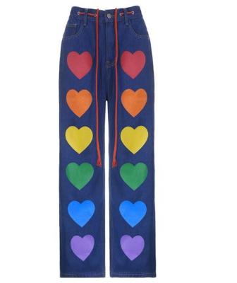 China Small Quantity Clothing Factory Women'S Love Print Straight Leg Jeans With Tie-Up Trousers for sale