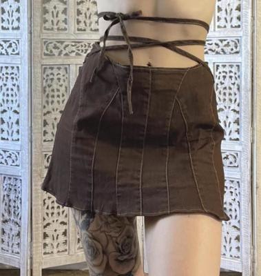 China Oem Apparel Manufacturers Women'S Brown Lace Up Denim Culottes Slim Wide Leg Shorts for sale