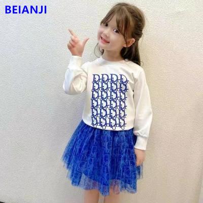 China BEIANJI 2PCS Blue Printed Kids Hoodless Sweater Long Sleeve Girls Tops for sale