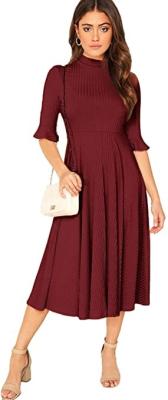 China Clothing Ribbed Knit Bell Sleeve Fit And Flare Midi Dress for sale