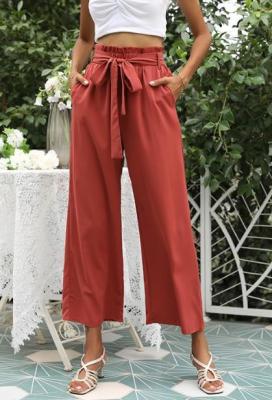 China Oem Clothing Women'S Flared Casual Pants Wide Leg Elastic Waist With Belt Pants Te koop