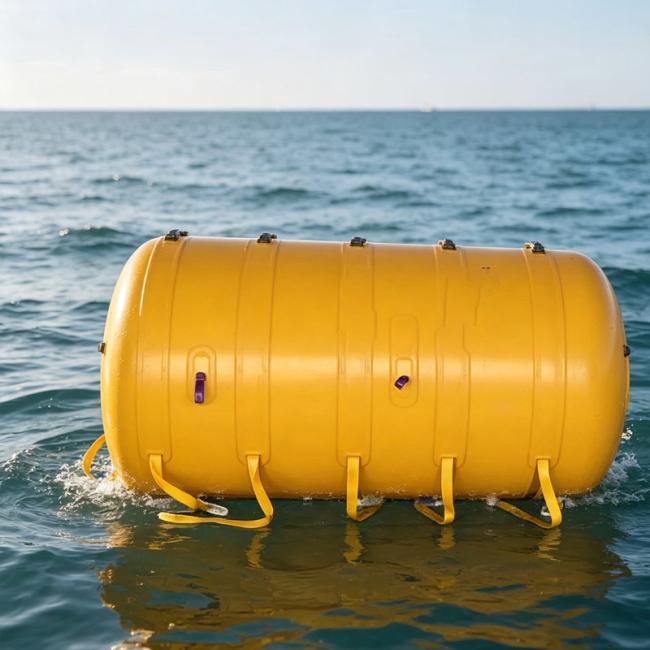Cylindrical underwater air lift bag in operational deployment