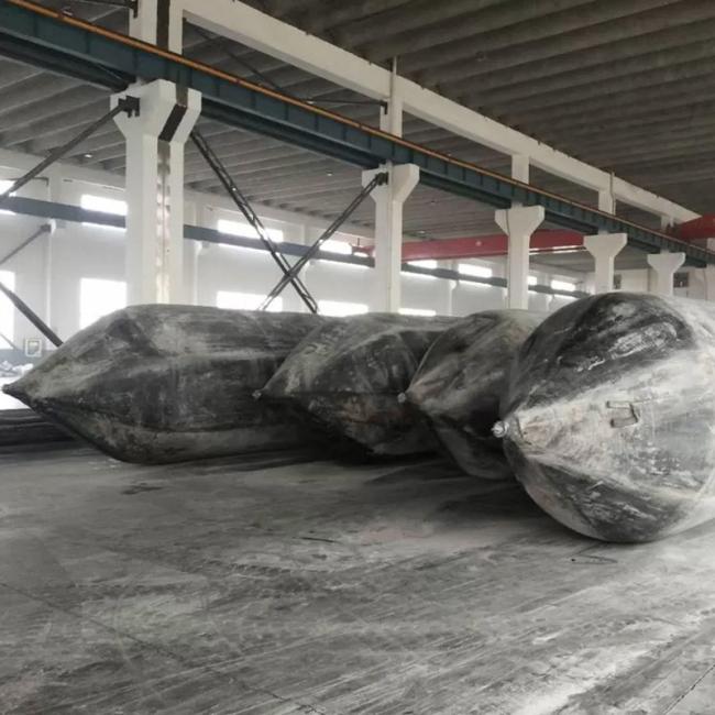 Marine rubber airbag in operation at shipyard