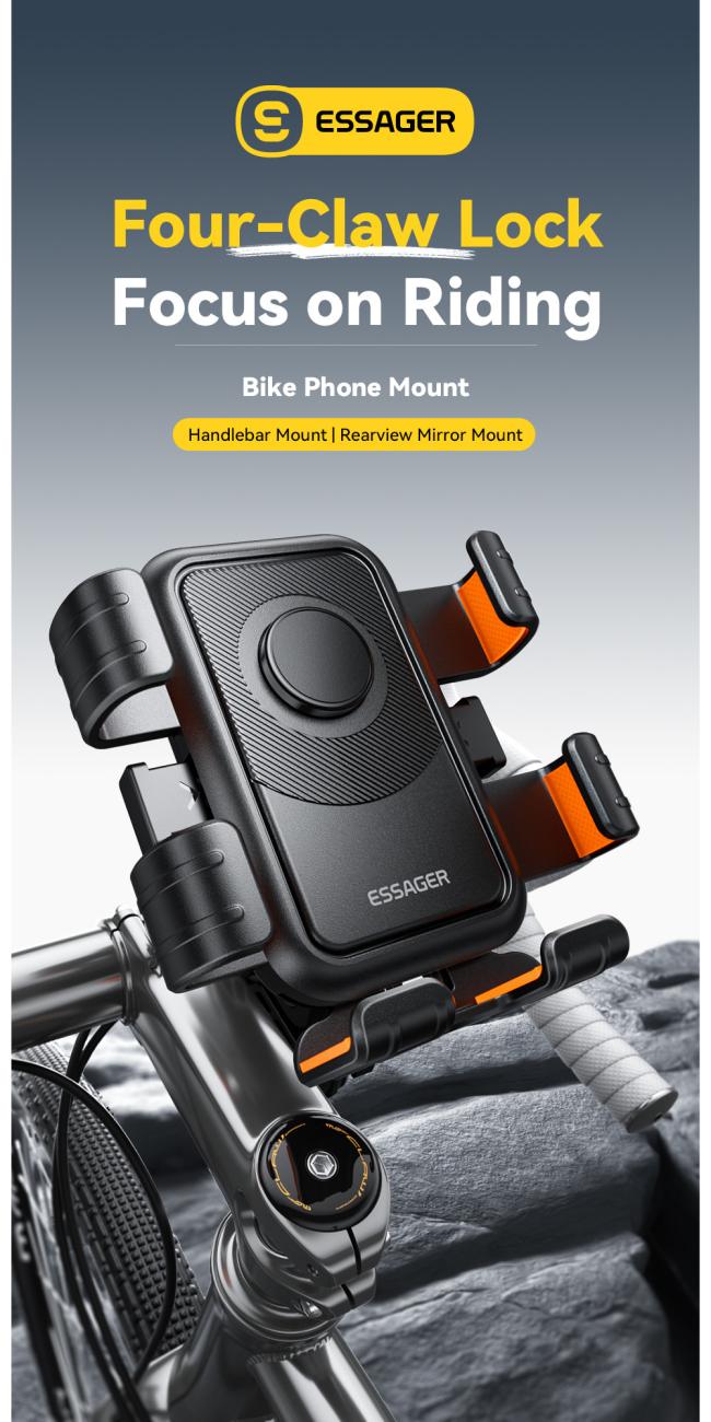 Essager ES-ZJ33 phone holder mounted on bicycle handlebar showing 360° adjustability