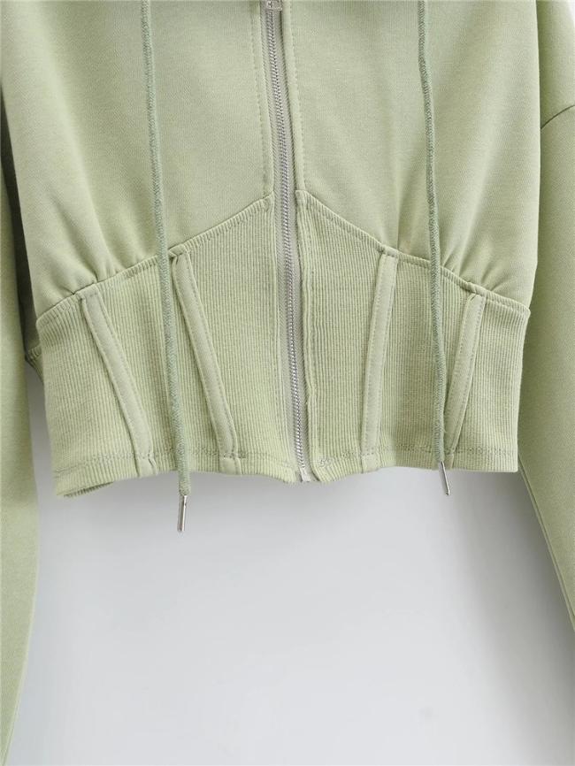 Spring New Ultra Short Style Waist Closed Fish Bone Long Sleeve Leisure Cardigan Top Sports Hooded Zipper Hoodie Coat Female