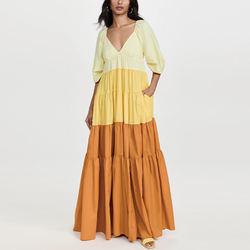 Ladies V Neck Puff Sleeve Dress for Women Color Block Clothing Manufacturers Elegant Nylon Custom Logo Maxi Dress