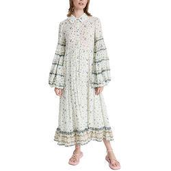 Ladies Viscose Tiered Maxi Floral Print Long Balloon Sleeve Collared Neck Shirt Dress for Women