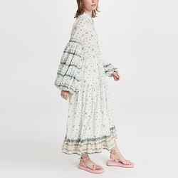 Ladies Viscose Tiered Maxi Floral Print Long Balloon Sleeve Collared Neck Shirt Dress for Women
