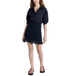 Ladies Casual Dress Collared Neck Elbow Length Puff Sleeve Ruffle Hem Polyester Smocked Shirt Dress for Women