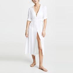 Fashion Ladies Short Sleeve Crepe Viscose V Neck Shirt Cover up MIDI Dress for Women