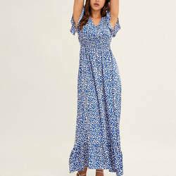 Custom Floral Printed V-Neck Ruffle Sleeve Maxi Dresses for Ladies
