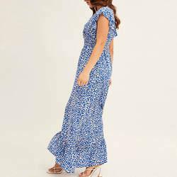 Custom Floral Printed V-Neck Ruffle Sleeve Maxi Dresses for Ladies