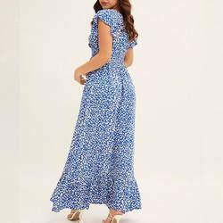 Custom Floral Printed V-Neck Ruffle Sleeve Maxi Dresses for Ladies