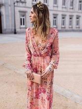 Printed Long Sleeve Long Dress V-Neck Maxi Dresses