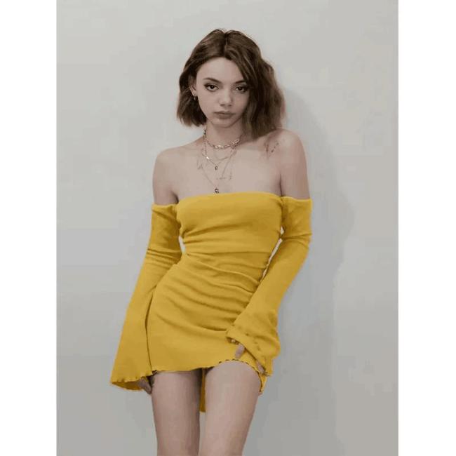 Sexy Dress Fashion Solid Color Elegant Flared Sleeve Mini Short Backless Knitted Tight Dress Women