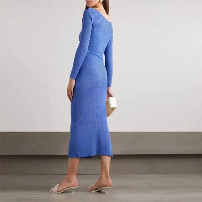 Knitwear Blue Rib Elegant Casual MIDI Plus Size Women′s Dresses Sexy Sweater Knit Dress