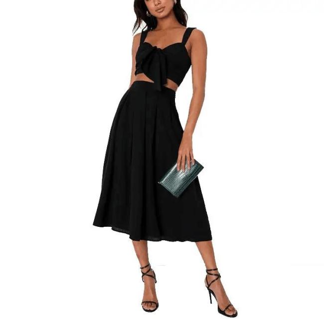 Crinkle Woven Rayon Black Sleeveless Tie-Front Two-Piece Dress Smocked Crop Tank Top and High Waist Long Skirts Suits