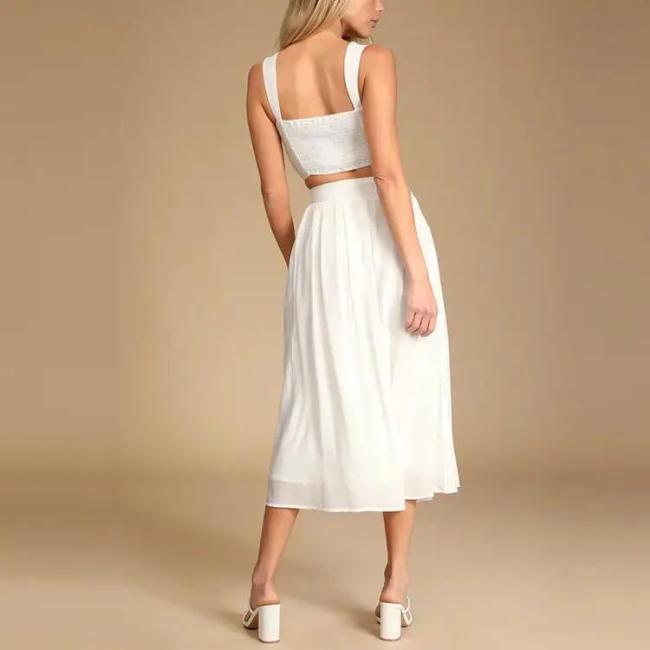 Crinkle Woven Rayon Black Sleeveless Tie-Front Two-Piece Dress Smocked Crop Tank Top and High Waist Long Skirts Suits