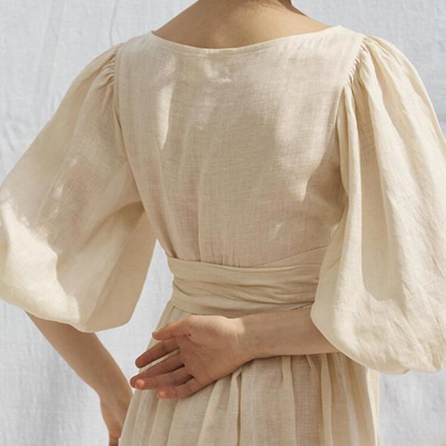 Summer Cotton Linen Women′s Dress Fashion Clothing Ladies Puff Sleeve V-Neck Streetwear Party Casual Long Dress
