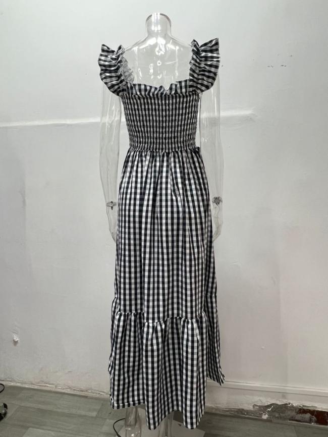 2023 Europe and The United States New Summer Women′s Collage Plaid Strap Casual Swing Dress Women