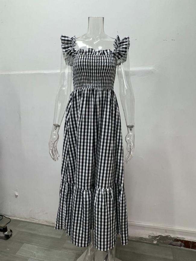 2023 Europe and The United States New Summer Women′s Collage Plaid Strap Casual Swing Dress Women