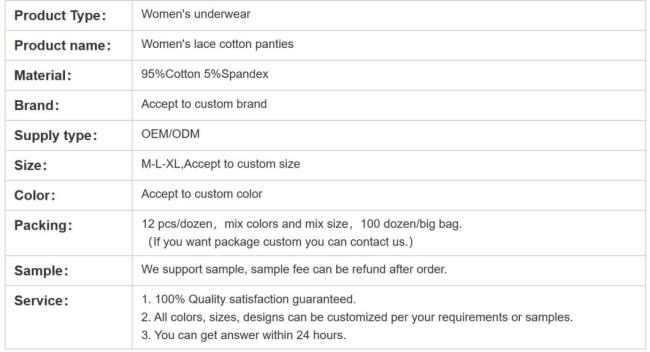 Factory Direct Sale Custom Brand New Fashion Women′s Cotton Underwear Women Panties Sexy Lace Cotton Underwear