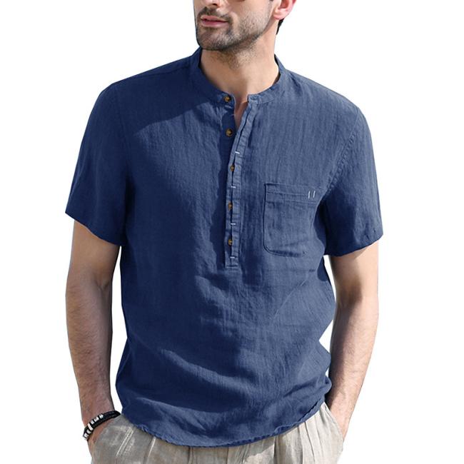 Summer New Stand-up Collar Men′s Linen Shirt Breathable Short Sleeve Cotton Linen Shirt Men