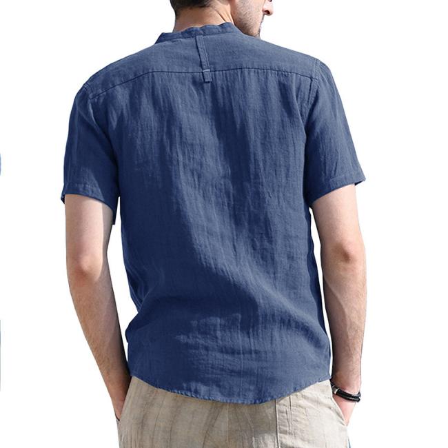 Summer New Stand-up Collar Men′s Linen Shirt Breathable Short Sleeve Cotton Linen Shirt Men