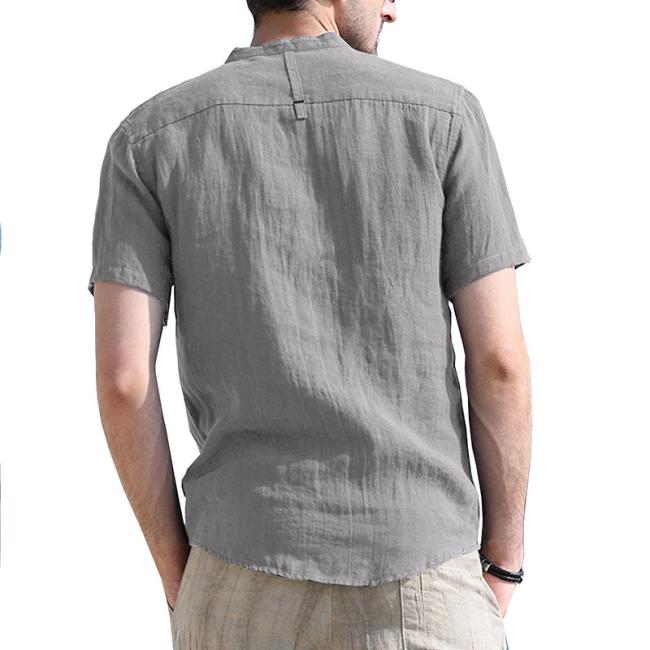 Summer New Stand-up Collar Men′s Linen Shirt Breathable Short Sleeve Cotton Linen Shirt Men