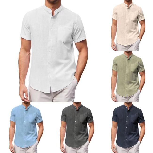 2023 Men′s Short-Sleeved Cotton Linen Shirt Standing Collar Slim-Fit Men′s Shirt