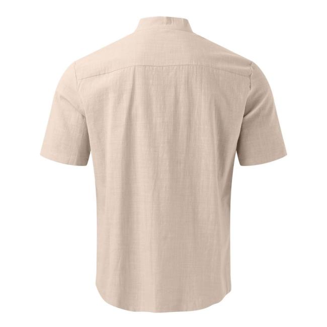 2023 Men′s Short-Sleeved Cotton Linen Shirt Standing Collar Slim-Fit Men′s Shirt