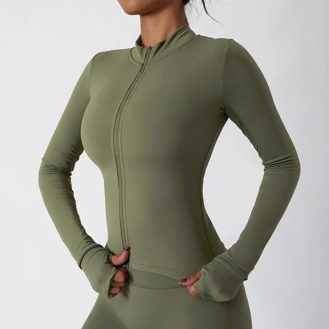 Nude Feeling Thumb Cuff Design Jogging Wear Women′s Jacket Yoga Workout Top Full Zip Slim Fit Training Wear Tracksuits