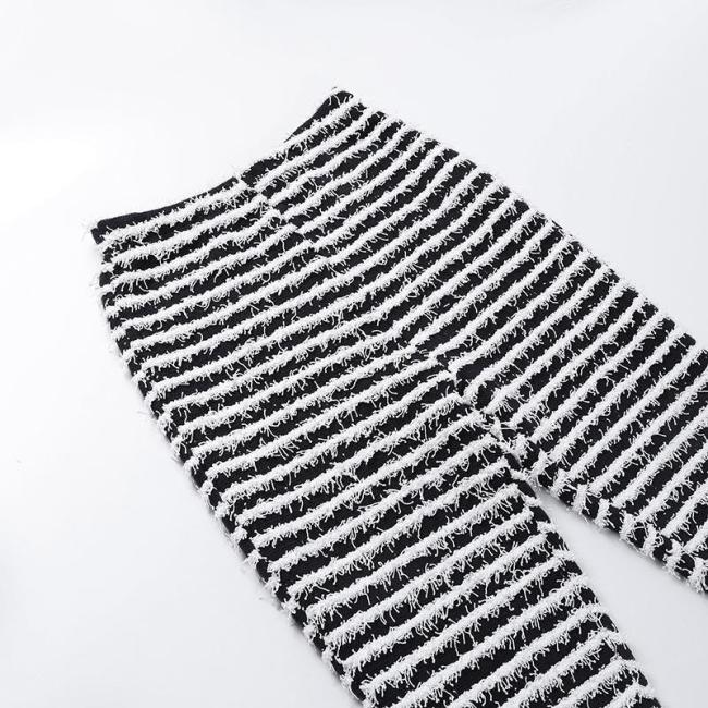 Winter Stripe Casual Pants Knitted Splice High Waist Pants Women