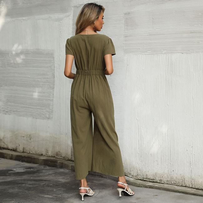 2023 Summer New Sexy Linen Cotton Hemp Wide Leg European and American Casual Jumpsuit