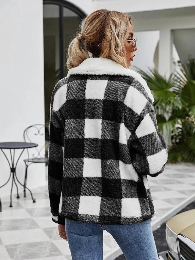 Fashion Fleece Zipper Womens Coats Plaid Flannel Jacket Luxury Coat Casual Winter Stylish