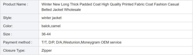 Winter Long Thick Padded Coat Women Printed Fabric Coat Fashion Casual Belted Jacket