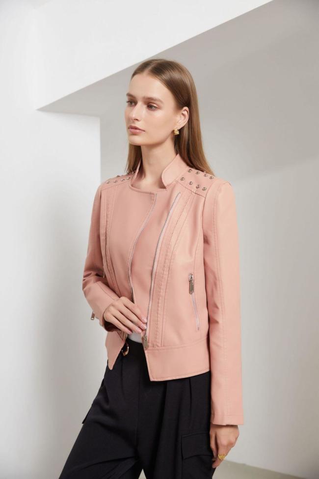 Women′s Rivet Faux Leather PU Jacket, Studded Rivet Punk Biker Moto Fashion Jacket Coat with Long Sleeve