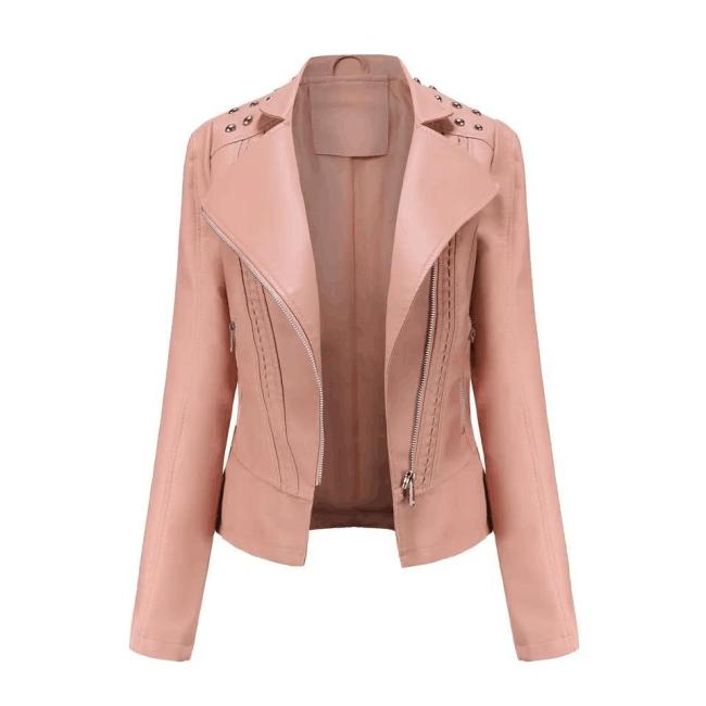 Women′s Rivet Faux Leather PU Jacket, Studded Rivet Punk Biker Moto Fashion Jacket Coat with Long Sleeve