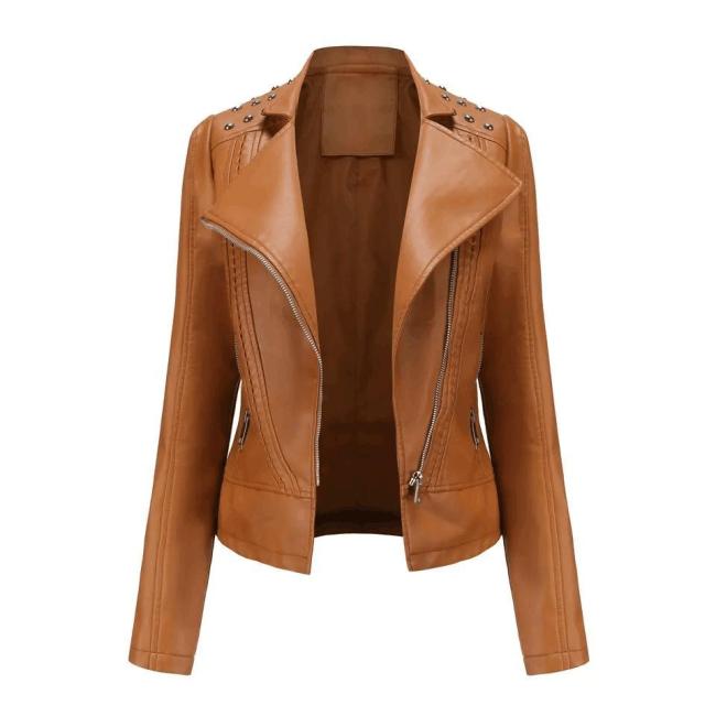 Women′s Rivet Faux Leather PU Jacket, Studded Rivet Punk Biker Moto Fashion Jacket Coat with Long Sleeve