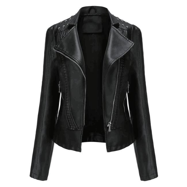 Women′s Rivet Faux Leather PU Jacket, Studded Rivet Punk Biker Moto Fashion Jacket Coat with Long Sleeve