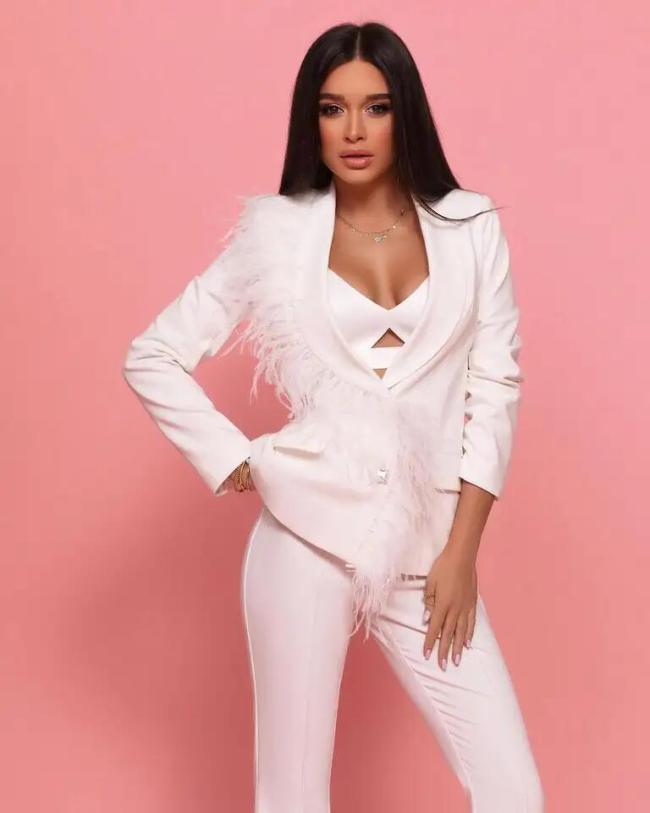 Feather White Elegant Lady Office Wear Suit Casual Plus Size Women Long Sleeve Coat Pant