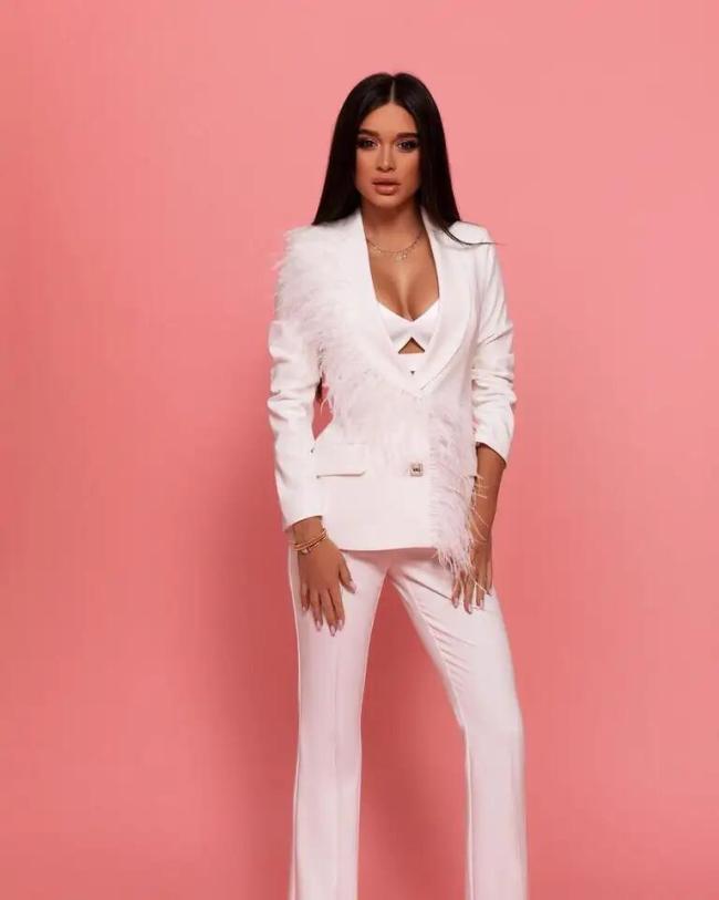 Feather White Elegant Lady Office Wear Suit Casual Plus Size Women Long Sleeve Coat Pant